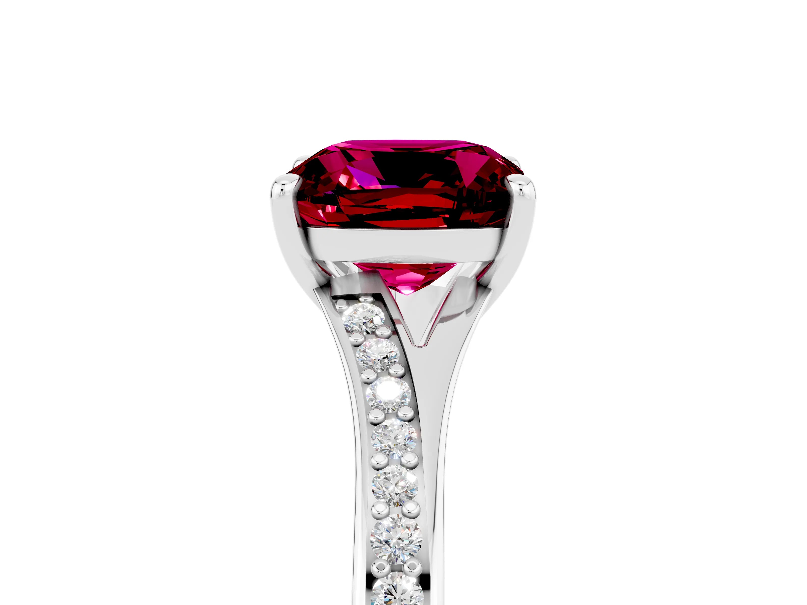 Silver Cushion Cut Garnet Solitaire Ring with Pavé Band and Prong Setting_17