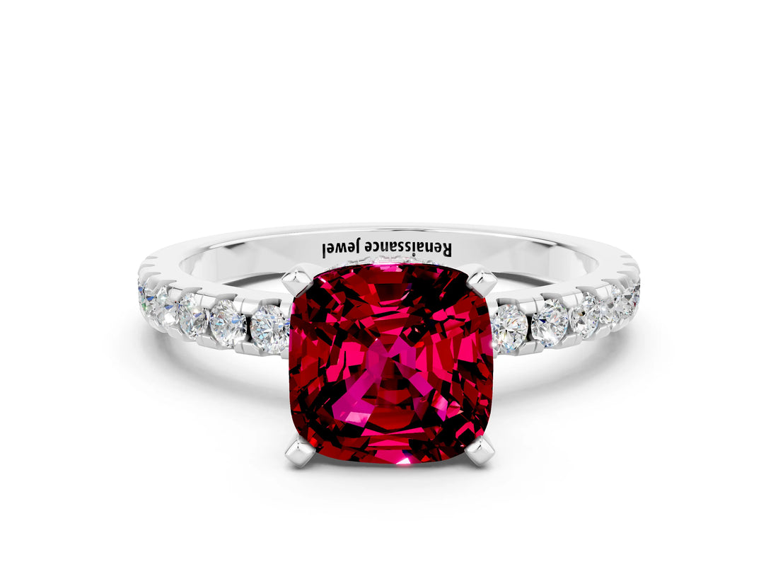 Silver Cushion Cut Garnet Solitaire Ring with Round  Pavé Band and Four-Prong Setting_36