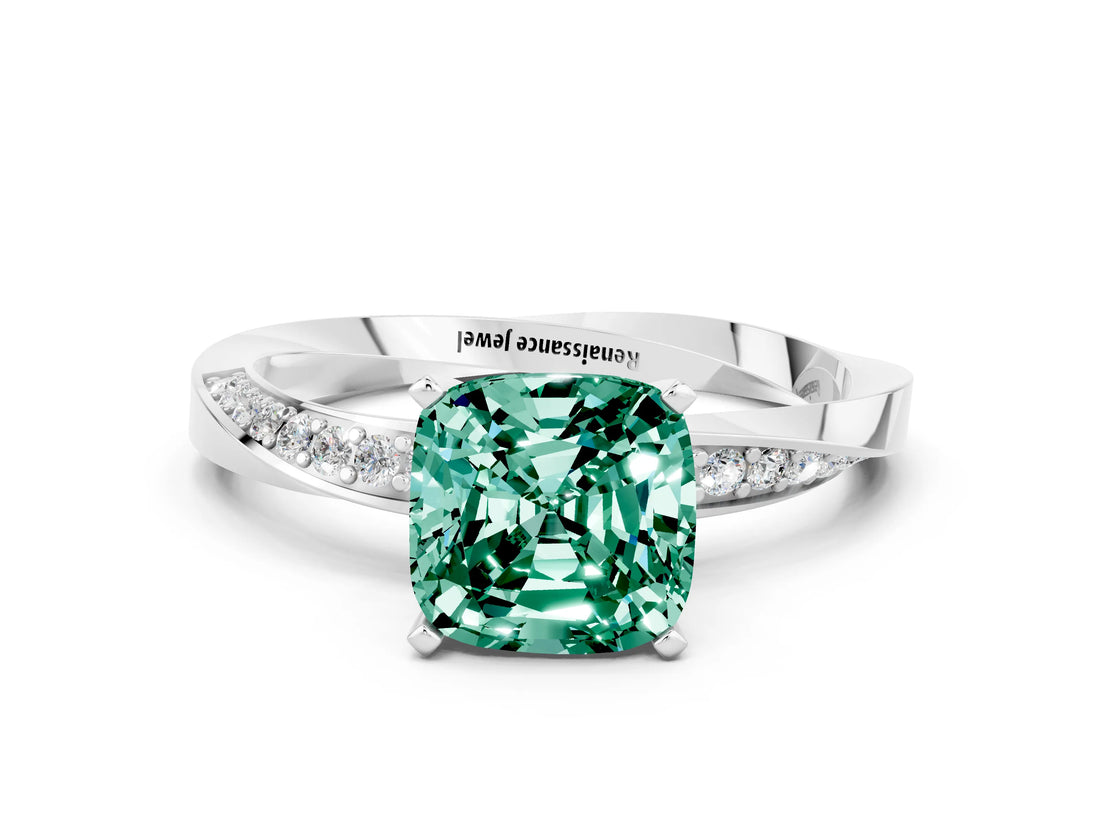 Silver Cushion Cut Green Sapphire Engagement Ring with Side Stone Accents and Four-Prong Setting_12