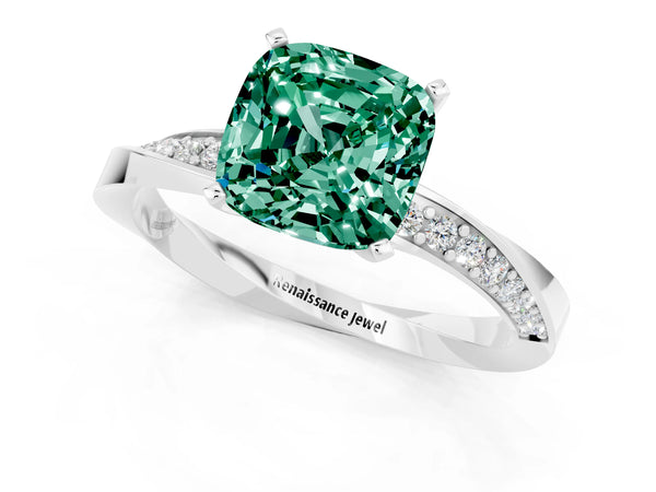 Silver Cushion Cut Green Sapphire Engagement Ring with Side Stone Accents and Four-Prong Setting