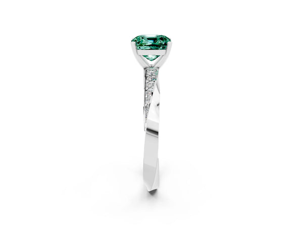 Silver Cushion Cut Green Sapphire Engagement Ring with Side Stone Accents and Four-Prong Setting