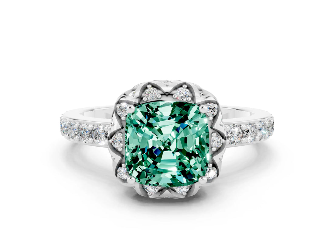 Silver Cushion Cut Green Sapphire Scalloped Halo Engagement Ring with Round Shared Prong Band_78