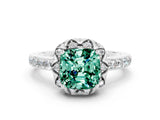 Silver Cushion Cut Green Sapphire Scalloped Halo Engagement Ring with Round Shared Prong Band_78