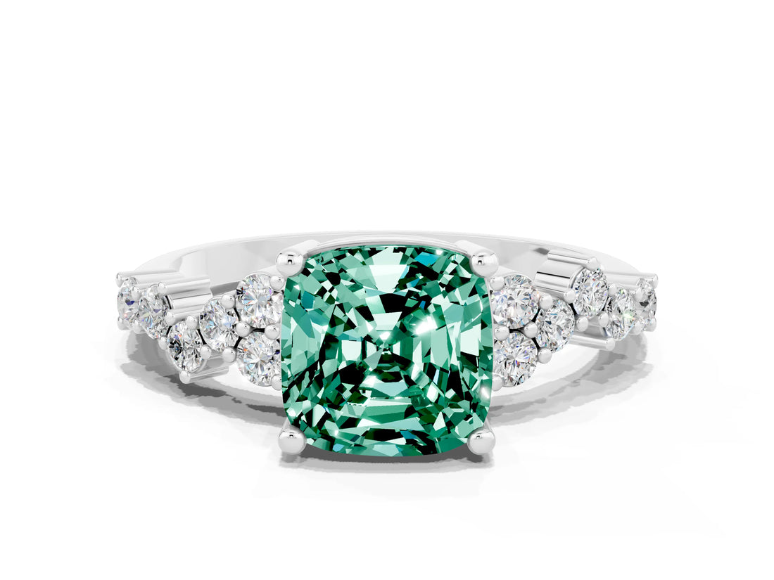 Silver Cushion Cut Green Sapphire Scattered Round Accent Ring with Prong Setting_90