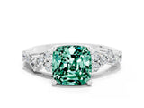 Silver Cushion Cut Green Sapphire Scattered Round Accent Ring with Prong Setting_90