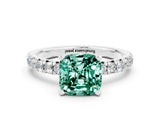 Silver Cushion Cut Green Sapphire Solitaire Pavé Engagement Ring with Round Band and Prong Setting_108