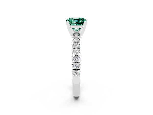 Silver Cushion Cut Green Sapphire Solitaire Pavé Engagement Ring with Round Band and Prong Setting