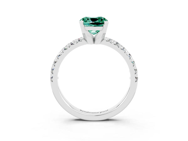 Silver Cushion Cut Green Sapphire Solitaire Pavé Engagement Ring with Round Band and Prong Setting