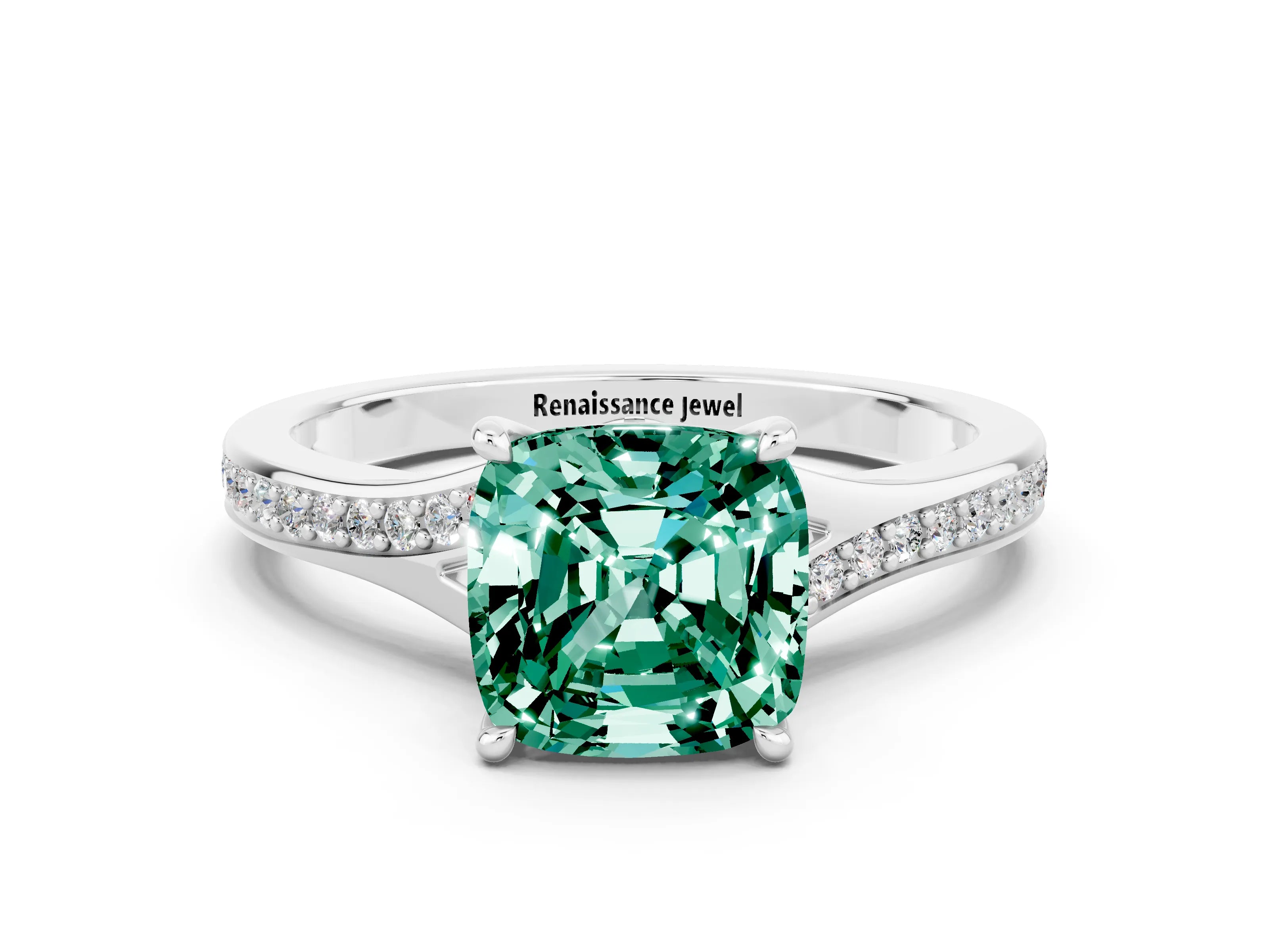 Silver Cushion Cut Green Sapphire Solitaire Ring with Pavé Band and Prong Setting_12