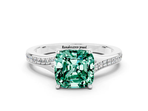Silver Cushion Cut Green Sapphire Solitaire Ring with Pavé Band and Prong Setting_12