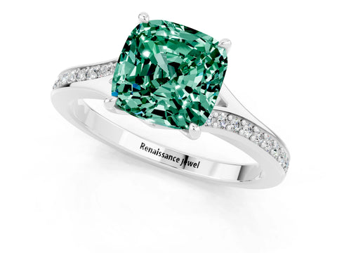 Silver Cushion Cut Green Sapphire Solitaire Ring with Pavé Band and Prong Setting_13