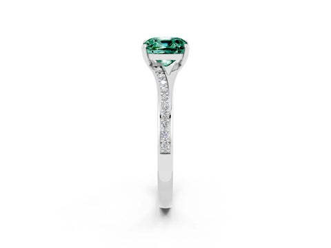 Silver Cushion Cut Green Sapphire Solitaire Ring with Pavé Band and Prong Setting_14
