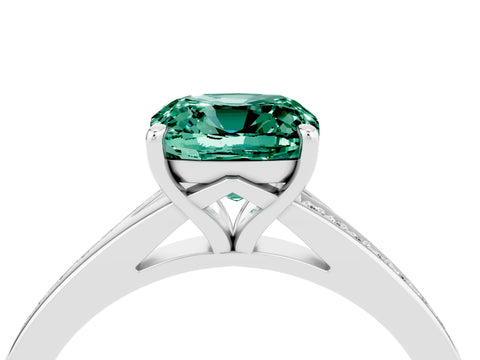 Silver Cushion Cut Green Sapphire Solitaire Ring with Pavé Band and Prong Setting_16