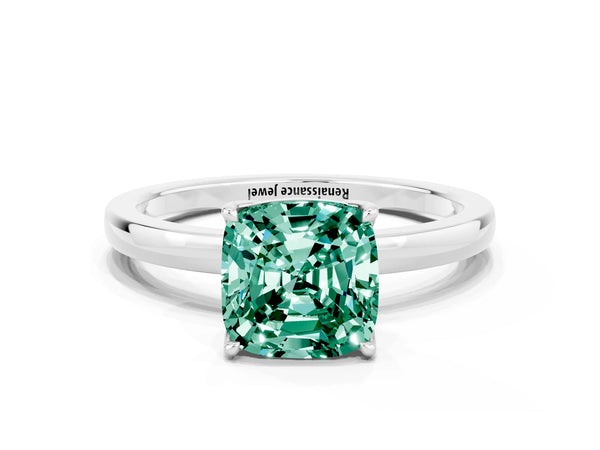 Silver Cushion Cut Green Sapphire Solitaire Ring with Thin Band and Prong Setting