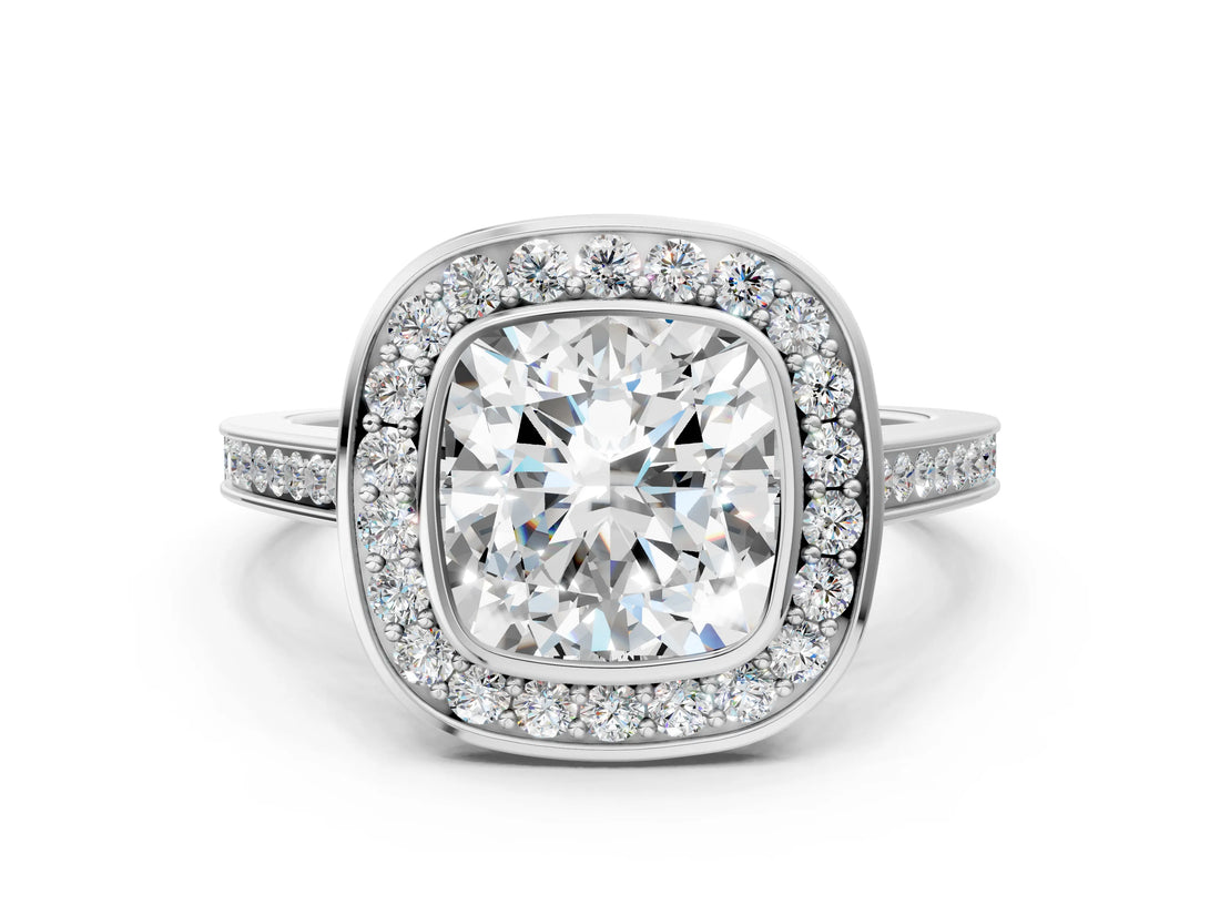 Silver Cushion Cut Halo Bezel Diamond Pave Band Ring_13