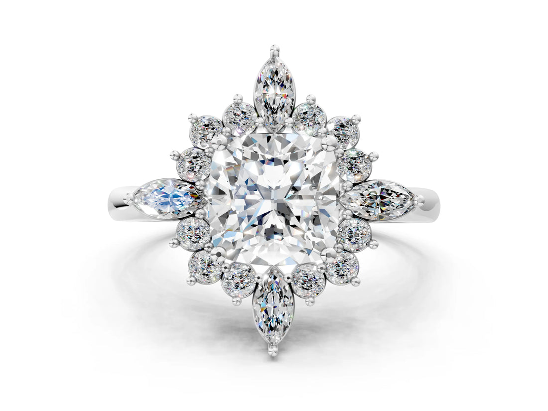 Silver Cushion Cut Halo Diamond Cluster Ring with Marquise and Round Stones on a White Gold Band with Prong Setting_25