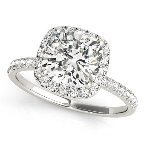 Silver Cushion Cut Halo Diamond Engagement Ring with Pave Band and Four-Prong Setting 2