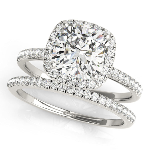 Silver Cushion Cut Halo Diamond Engagement Ring with Pave Band and Four-Prong Setting