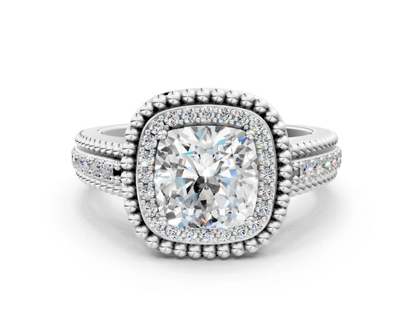 Sterling Silver Cushion Cut Beaded Halo Engagement Ring Setting with Pave