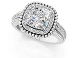 Silver Cushion Cut Halo Diamond Ring with Beaded Split Shank and Four-Prong Setting_14
