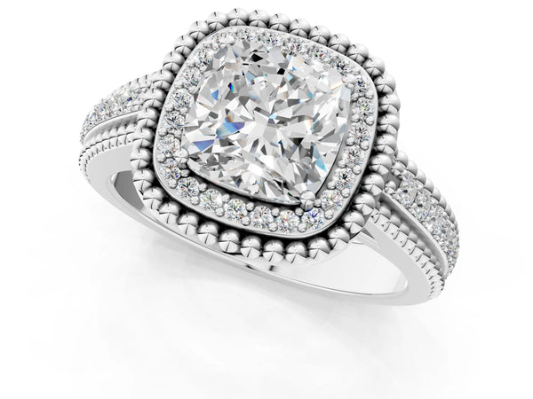 Sterling Silver Cushion Cut Beaded Halo Engagement Ring Setting with Pave