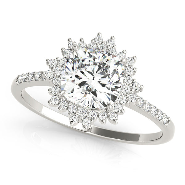 White gold Cushion Cut Diamond Sunburst Halo Engagement Ring with Pavé Band