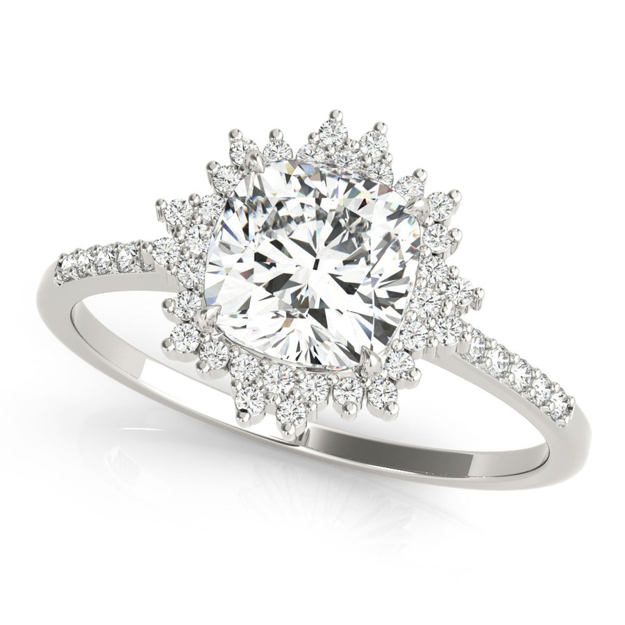 White gold Cushion Cut Diamond Sunburst Halo Engagement Ring with Pavé Band