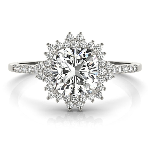 White gold Cushion Cut Diamond Sunburst Halo Engagement Ring with Pavé Band