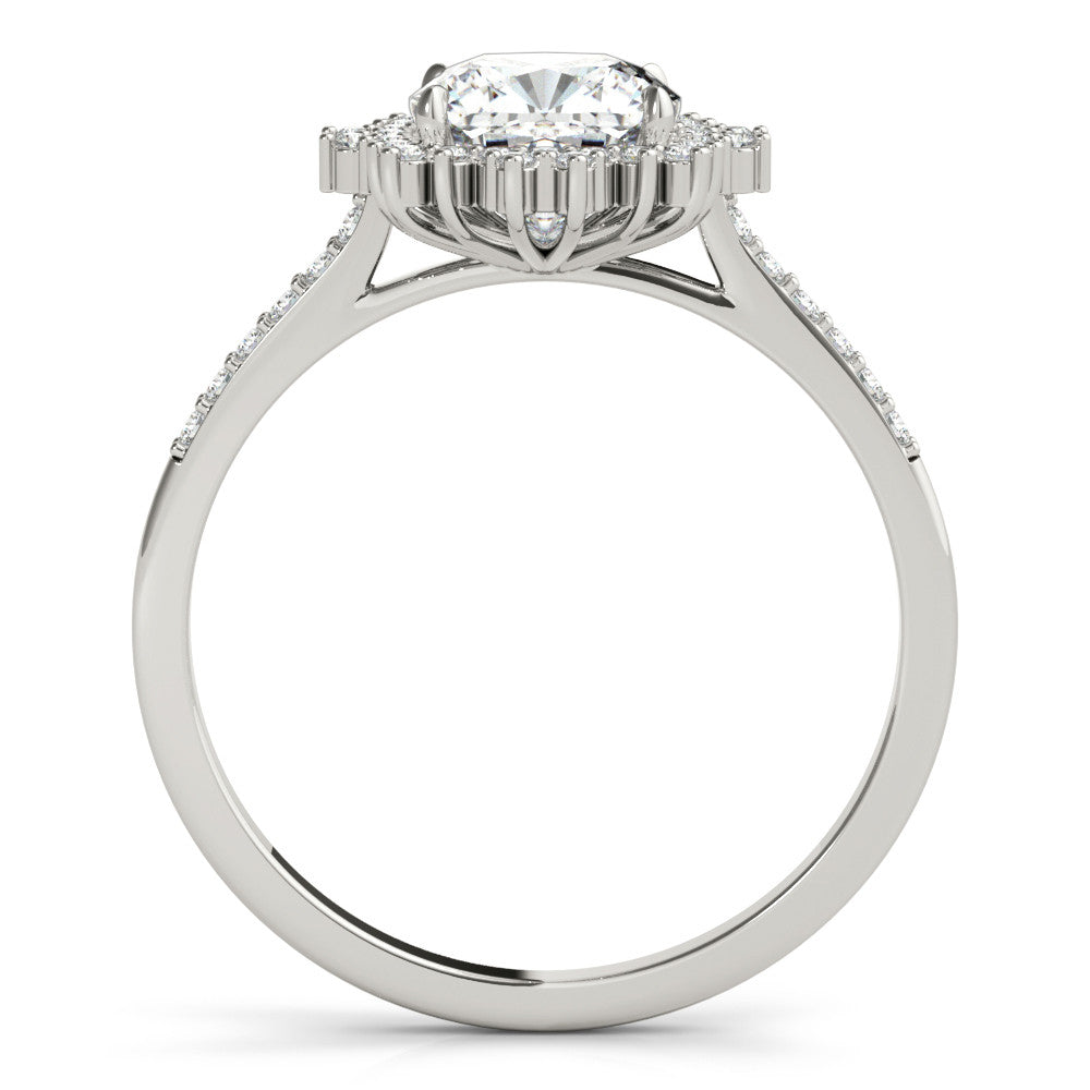 Silver Cushion Cut Halo Diamond Ring with Pave Band and Four-Prong Setting