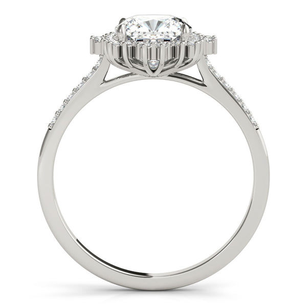 White gold Cushion Cut Diamond Sunburst Halo Engagement Ring with Pavé Band