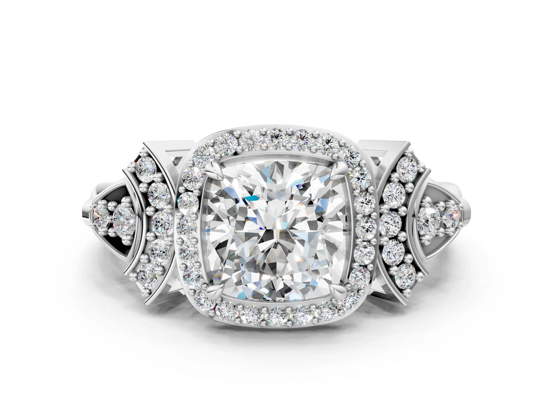 Silver Cushion Cut Halo Diamond Split Shank Engagement Ring with Four-Prong Setting_13