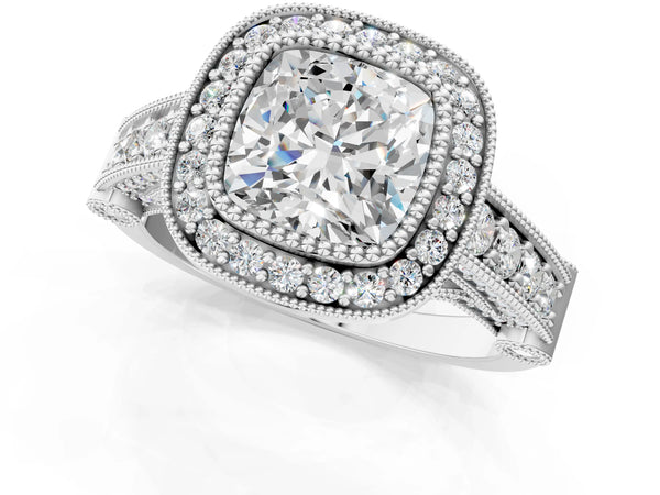 Sterling Silver Cushion Cut Vintage Bezel Halo Engagement Ring Setting