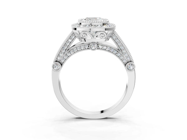 Sterling Silver Cushion Cut Vintage Bezel Halo Engagement Ring Setting
