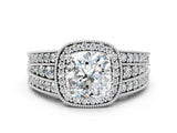 Silver Cushion Cut Halo Diamond Split Shank Ring with Prong Setting_7