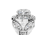 Silver Cushion Cut Halo Milgrain Diamond Engagement Ring with Leaf Band and Four-Prong Setting_12