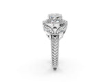 Silver Cushion Cut Halo Milgrain Diamond Engagement Ring with Leaf Band and Four-Prong Setting_9