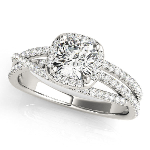 Silver Cushion Cut Halo Split Shank Diamond Ring with Four-Prong Setting 1
