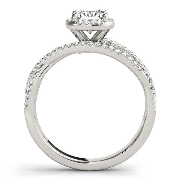 Silver Cushion Cut Halo Split Shank Diamond Ring with Four-Prong Setting