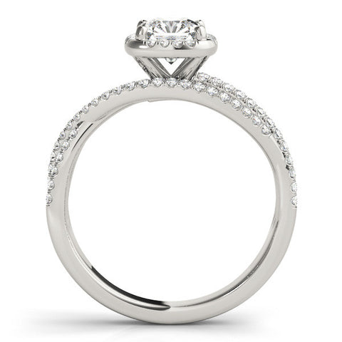 Silver Cushion Cut Halo Split Shank Diamond Ring with Four-Prong Setting