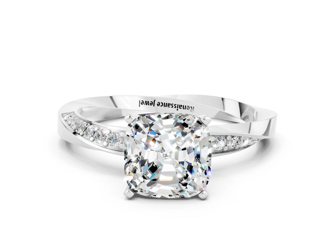 Silver Cushion Cut Moissanite Engagement Ring with Side Stone Accents and Four-Prong Setting_12