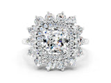 Silver Cushion Cut Moissanite Floral Double Halo Engagement Ring with Prong Setting_150