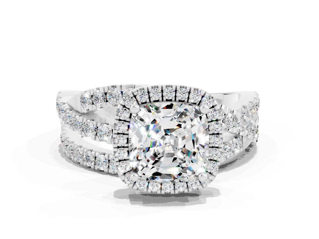 Silver Cushion Cut Moissanite Halo Ring with Round Split Shank and Prong Setting_66