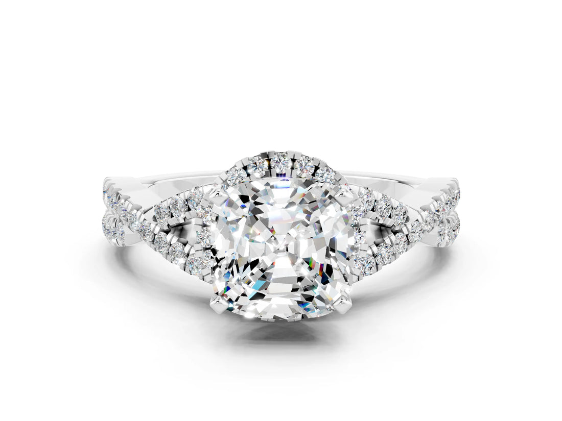 Silver Cushion Cut Moissanite  Halo Twist Band Solitaire Prong Setting Ring_12