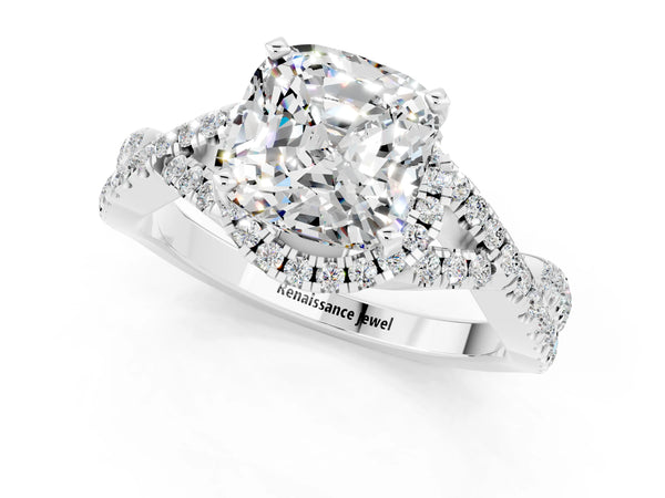 Silver Cushion Cut Moissanite  Halo Twist Band Solitaire Prong Setting Ring