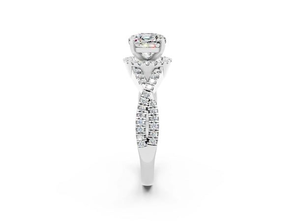 Silver Cushion Cut Moissanite  Halo Twist Band Solitaire Prong Setting Ring