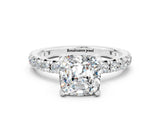 Silver Cushion Cut Moissanite Pavé Solitaire Ring with Round Band and Prong Setting_42