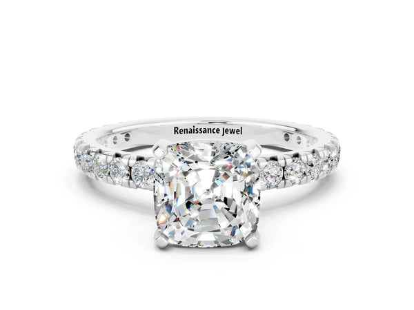 Silver Cushion Cut Moissanite Pavé Solitaire Ring with Round Band and Prong Setting