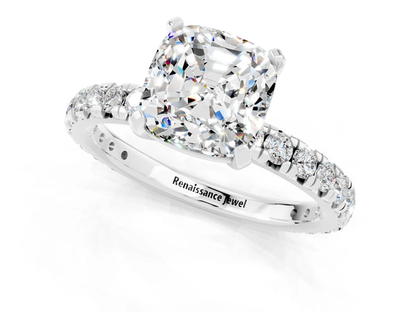 Silver Cushion Cut Moissanite Pavé Solitaire Ring with Round Band and Prong Setting
