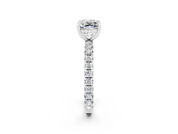 Silver Cushion Cut Moissanite Pavé Solitaire Ring with Round Band and Prong Setting