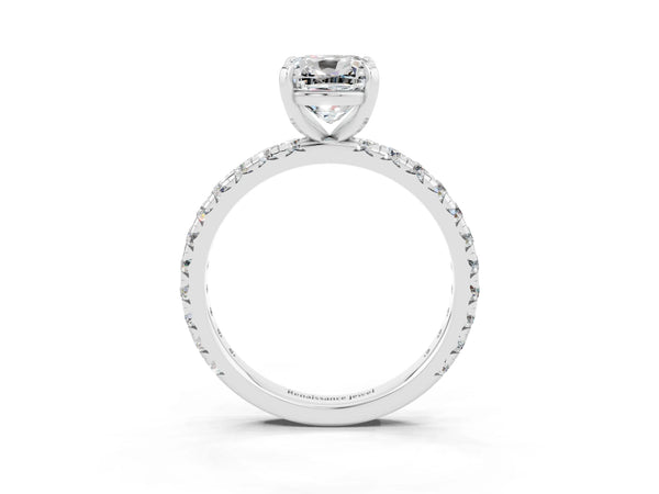 Silver Cushion Cut Moissanite Pavé Solitaire Ring with Round Band and Prong Setting